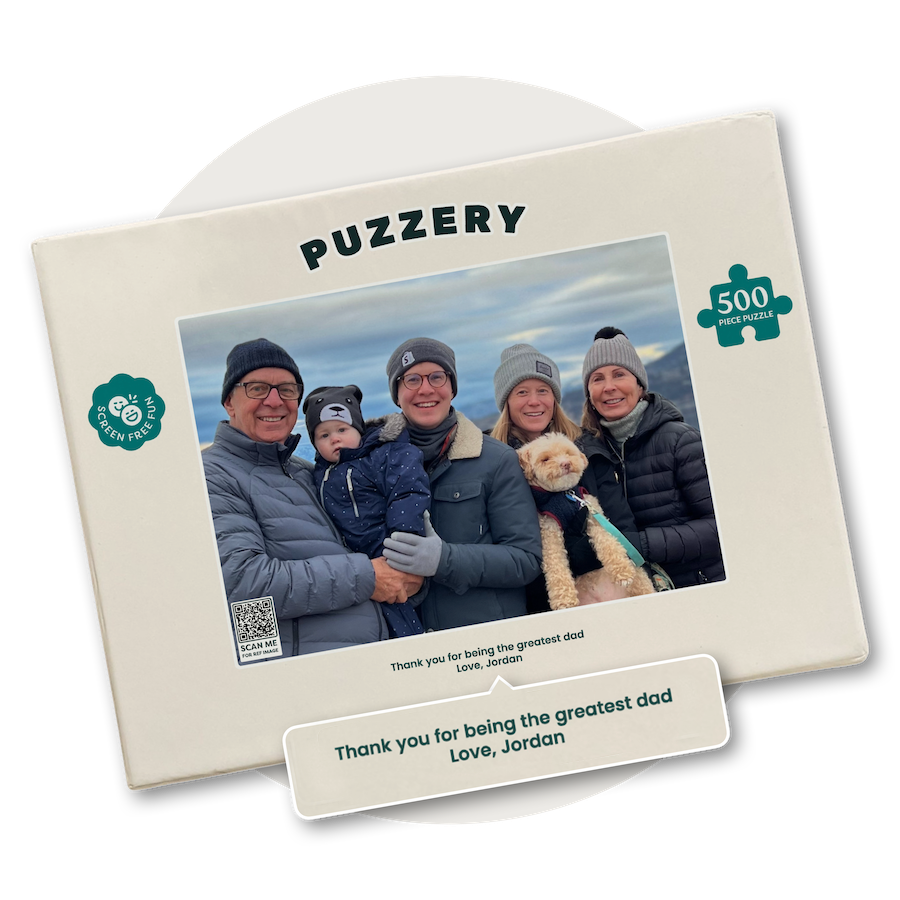 puzzle of a family with a custom note on the puzzle box