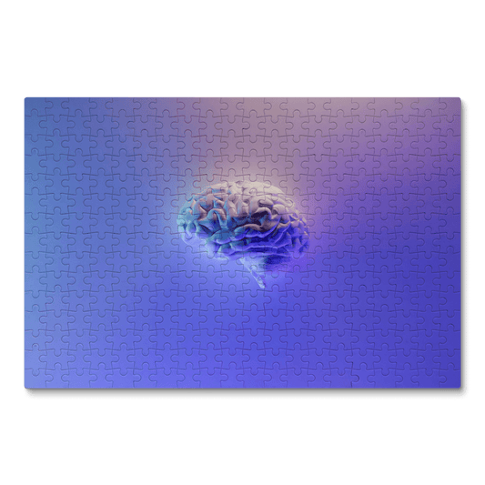 A stylized brain on a purple gradient