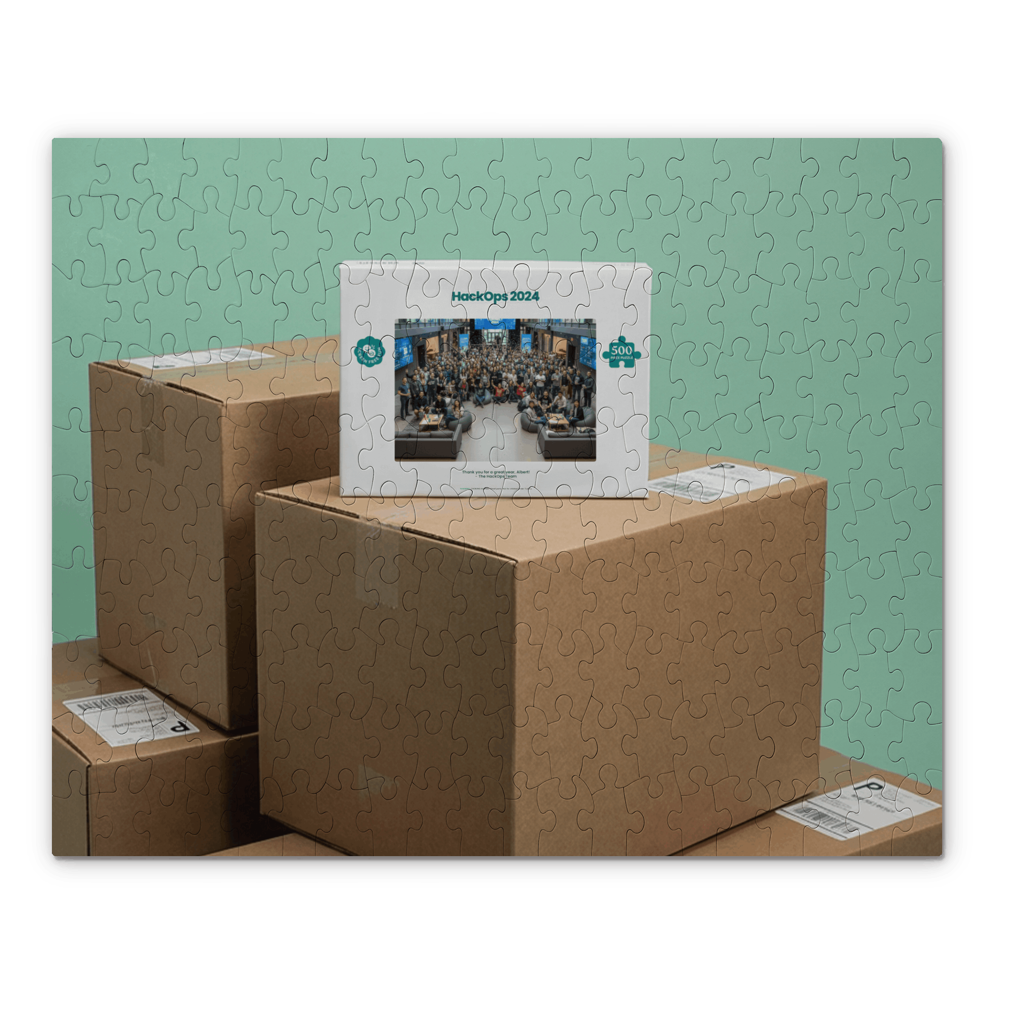 A Puzzery puzzle on top of shipping boxes