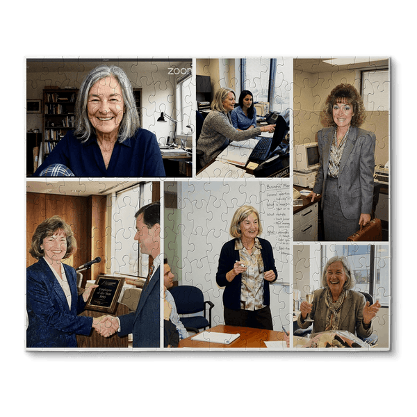 A collage of a woman through the years at work