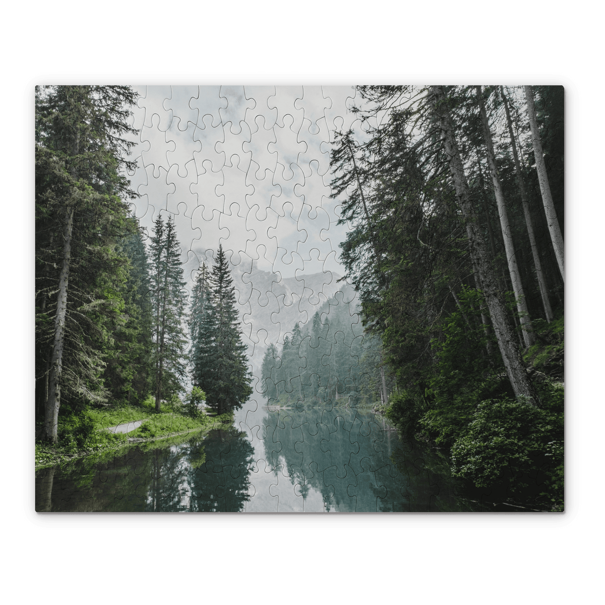 Puzzle with a photo of water and trees on it