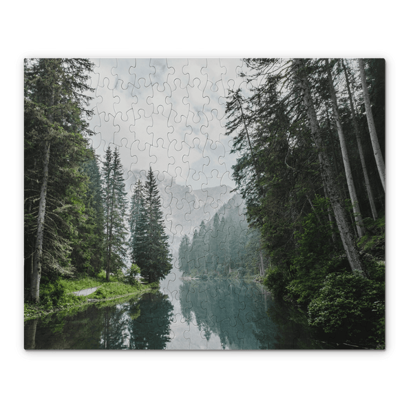 Puzzle with a photo of water and trees on it