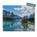 Jigsaw puzzle with a scenic view of mountains and a lake, featuring customizable text.