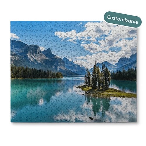 Jigsaw puzzle with a scenic view of mountains and a lake, featuring customizable text.