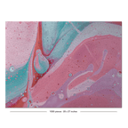 An abstract art print featuring a marbled fluid paint design with swirls of pink, teal, purple, and white, framed by a black border with a white scale bar at the bottom indicating 1000 gphm - 30 in x 27 inches.