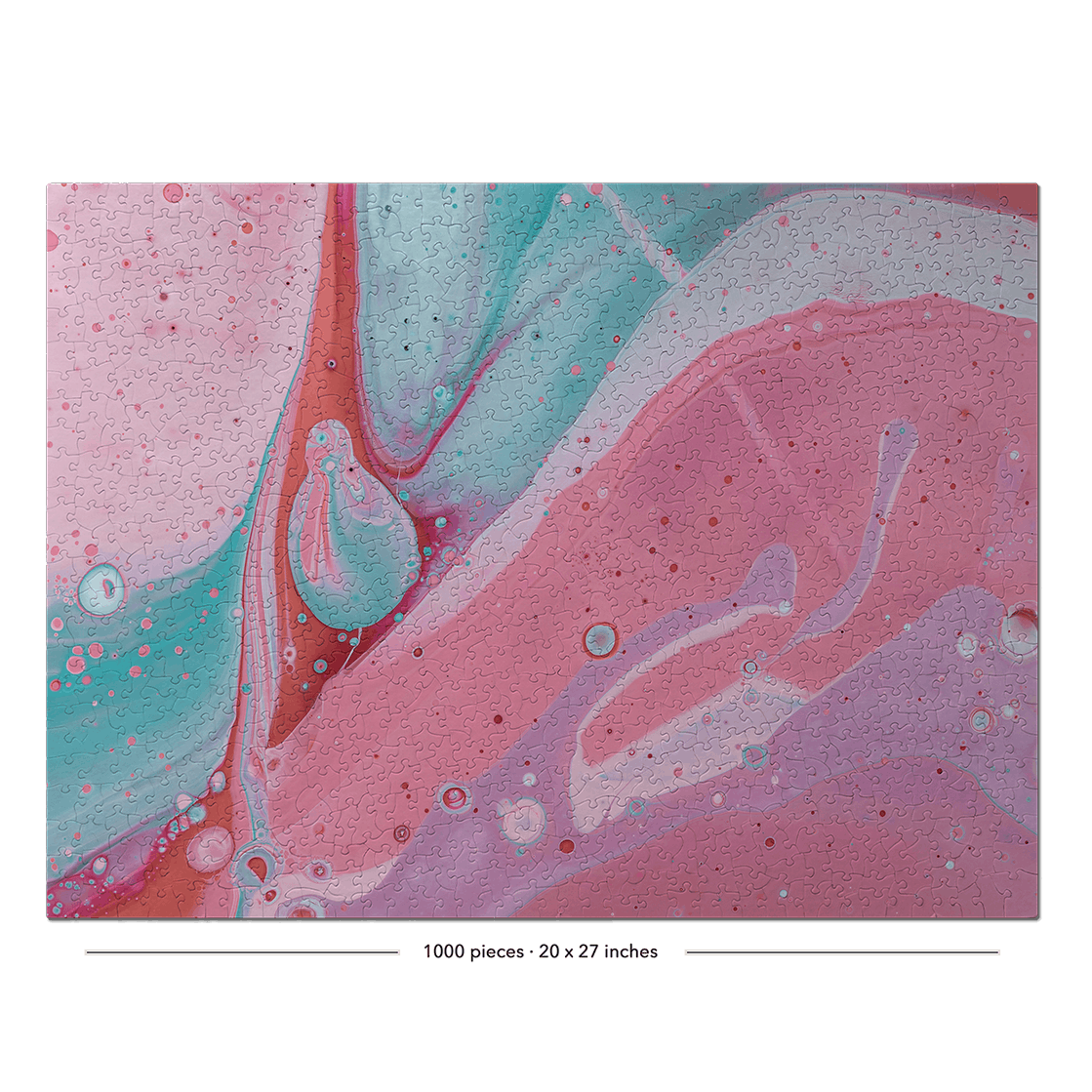 An abstract art print featuring a marbled fluid paint design with swirls of pink, teal, purple, and white, framed by a black border with a white scale bar at the bottom indicating 1000 gphm - 30 in x 27 inches.