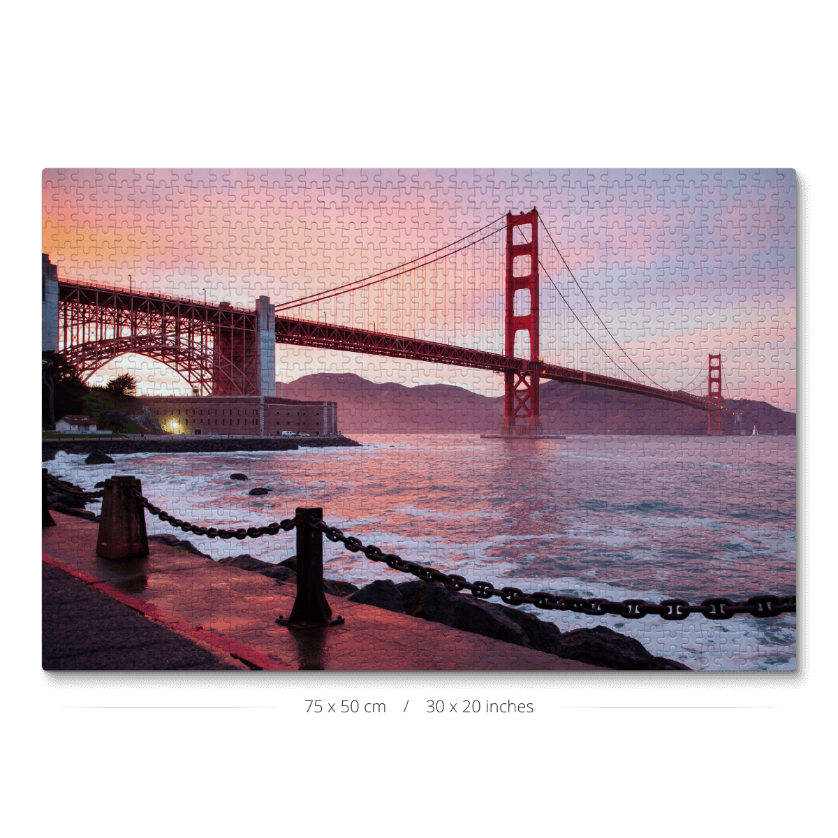 A 1000-piece jigsaw puzzle featuring a photo of the iconic Golden Gate Bridge at sunset.