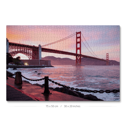 A 1000-piece jigsaw puzzle featuring a photo of the iconic Golden Gate Bridge at sunset.