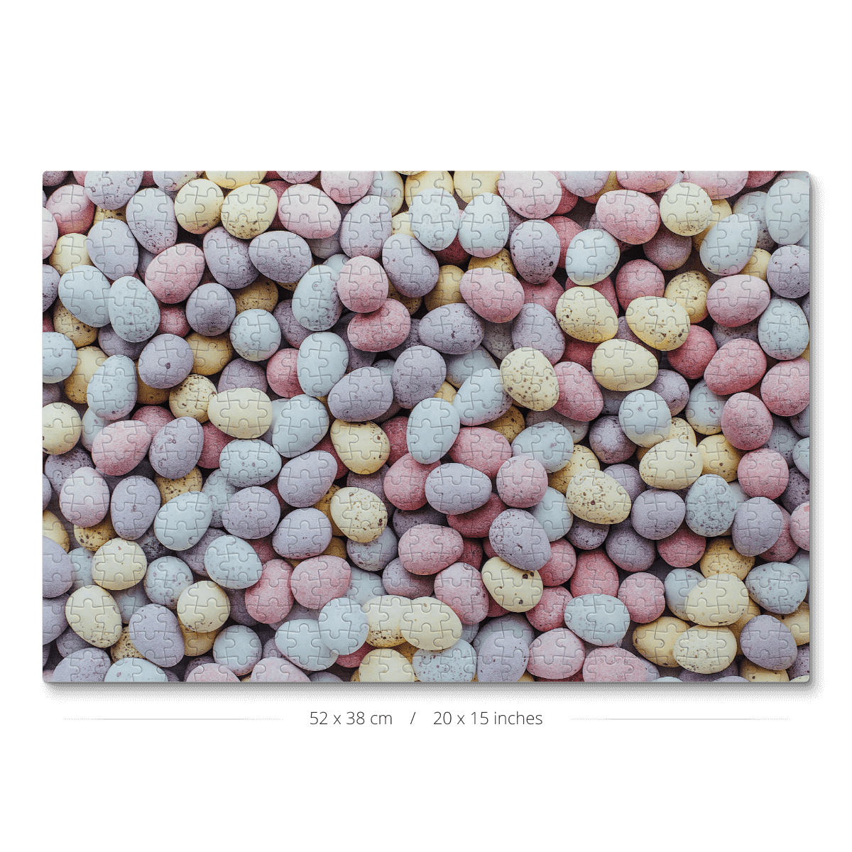 A 500-piece jigsaw puzzle featuring pastel-colored chocolate eggs.