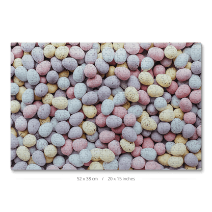 A 500-piece jigsaw puzzle featuring pastel-colored chocolate eggs.