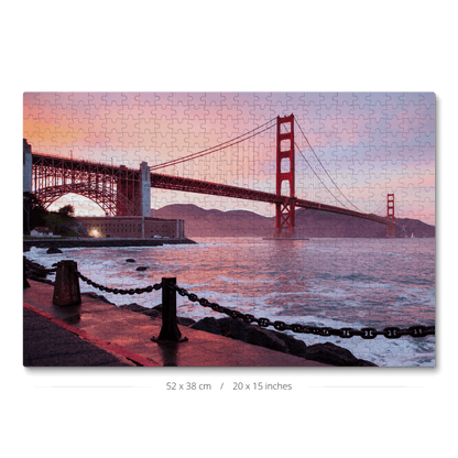 A sunset view of the Golden Gate Bridge on a 500-piece jigsaw puzzle.