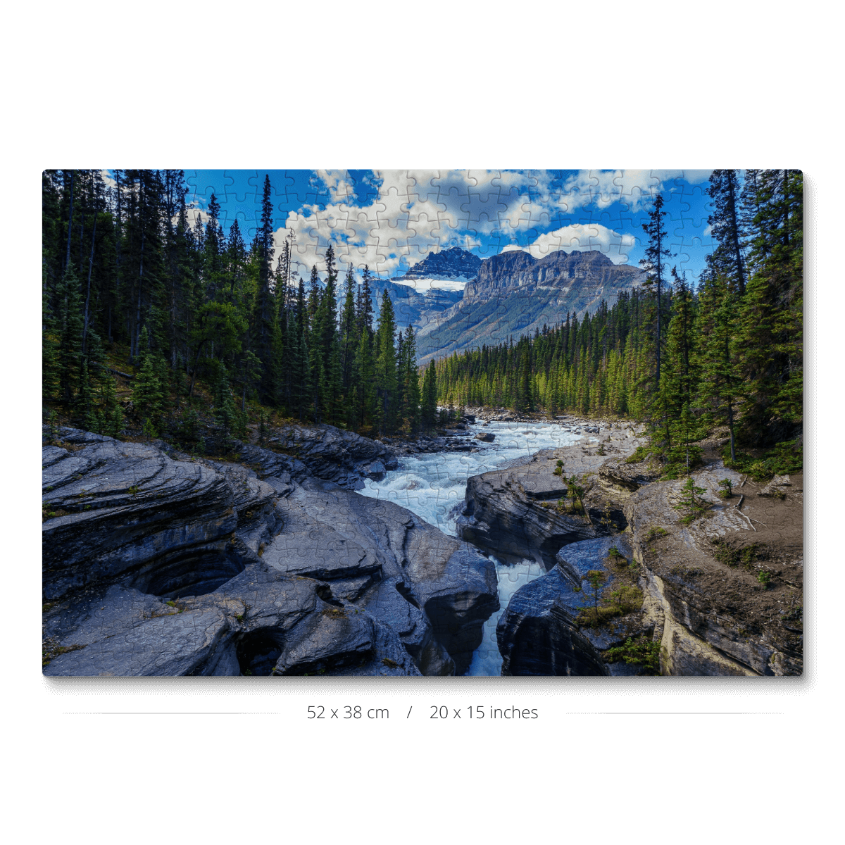A 500-piece jigsaw puzzle featuring a photo of Mistaya River in Banff National Park.