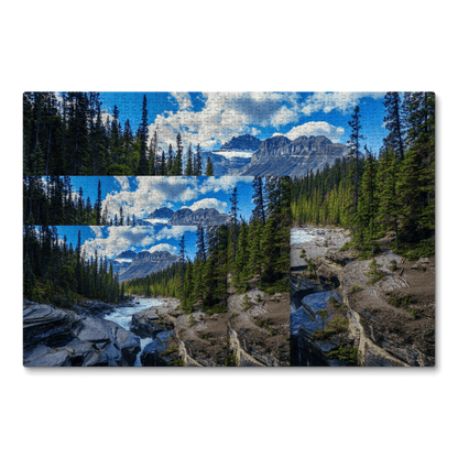Three jigsaw puzzles overlapping, featuring a photo of Mistaya River in Banff National Park.