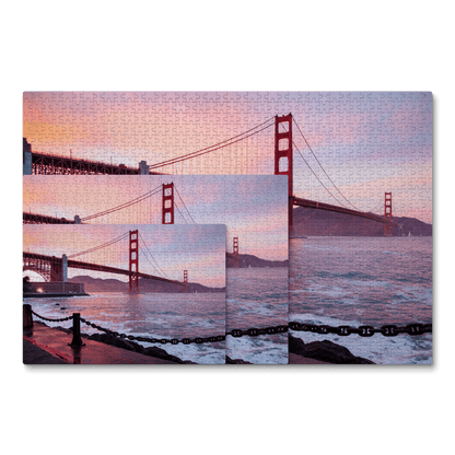 Jigsaw puzzles overlap, featuring a photo of the iconic Golden Gate Bridge at sunset.