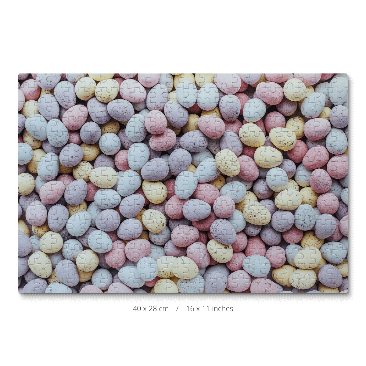 A 300-piece jigsaw puzzle featuring pastel-colored chocolate eggs.
