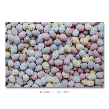 A 300-piece jigsaw puzzle featuring pastel-colored chocolate eggs.
