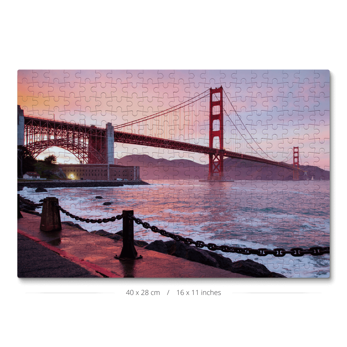 A jigsaw puzzle with a picture of the Golden Gate Bridge at sunset, consisting of 300 pieces.