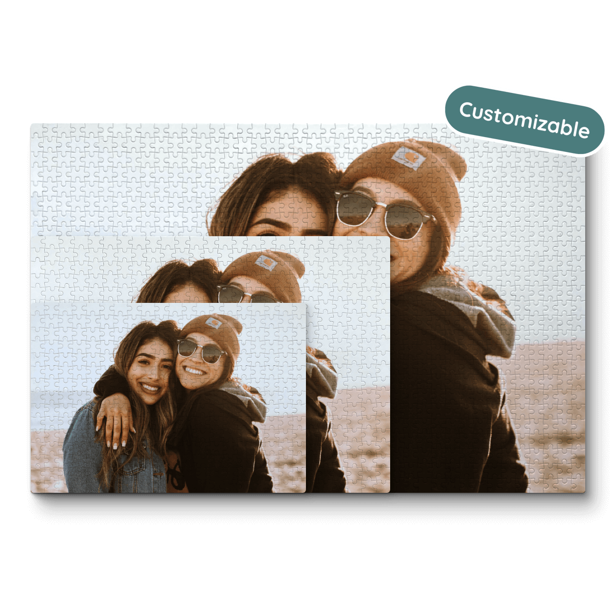 Three overlapping puzzles with the same image of two friends smiling at the camera