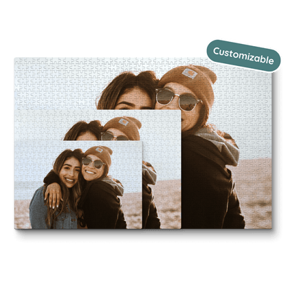 Three overlapping puzzles with the same image of two friends smiling at the camera