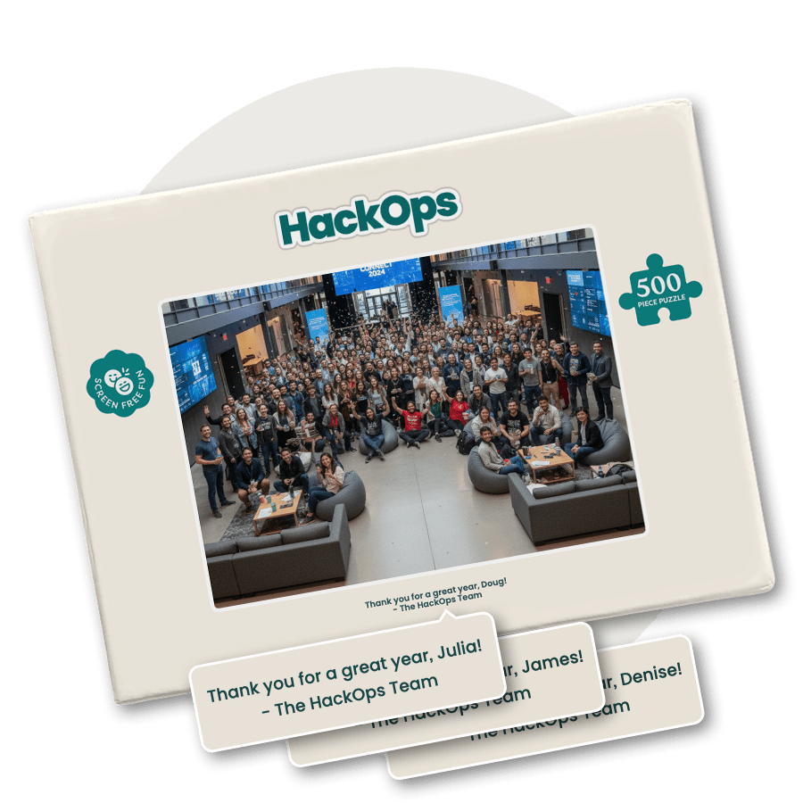 HackOps branded puzzle box with a photo of a large group of people inside
