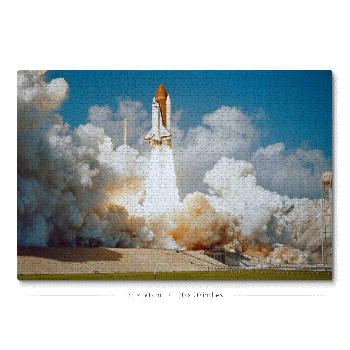 A 1000 piece puzzle showing a NASA space shuttle liftoff.