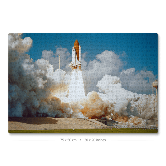 A 1000 piece puzzle showing a NASA space shuttle liftoff.