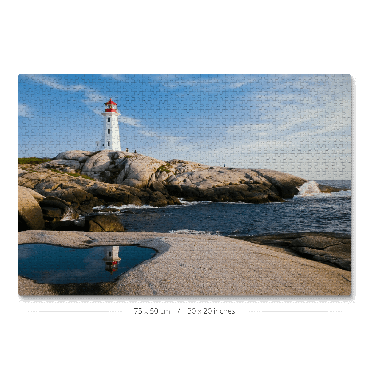 A 1000-piece jigsaw puzzle featuring Peggy's Cove lighthouse, a scenic photo of a famous Canadian landmark.