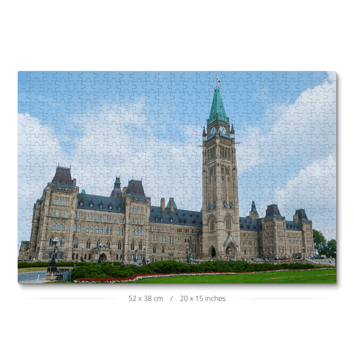 A 500-piece jigsaw puzzle featuring a photo of the Ottawa Parliament, with intricate details and vibrant colors.