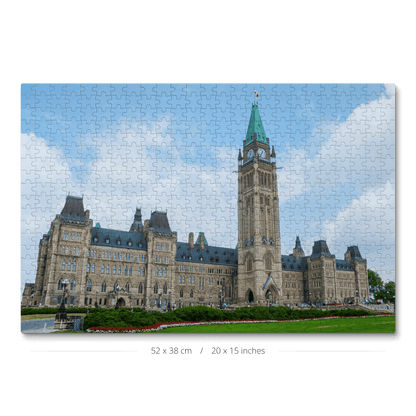 A 500-piece jigsaw puzzle featuring a photo of the Ottawa Parliament, with intricate details and vibrant colors.