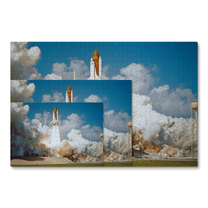 Overlapping puzzles featuring a NASA space shuttle taking off.