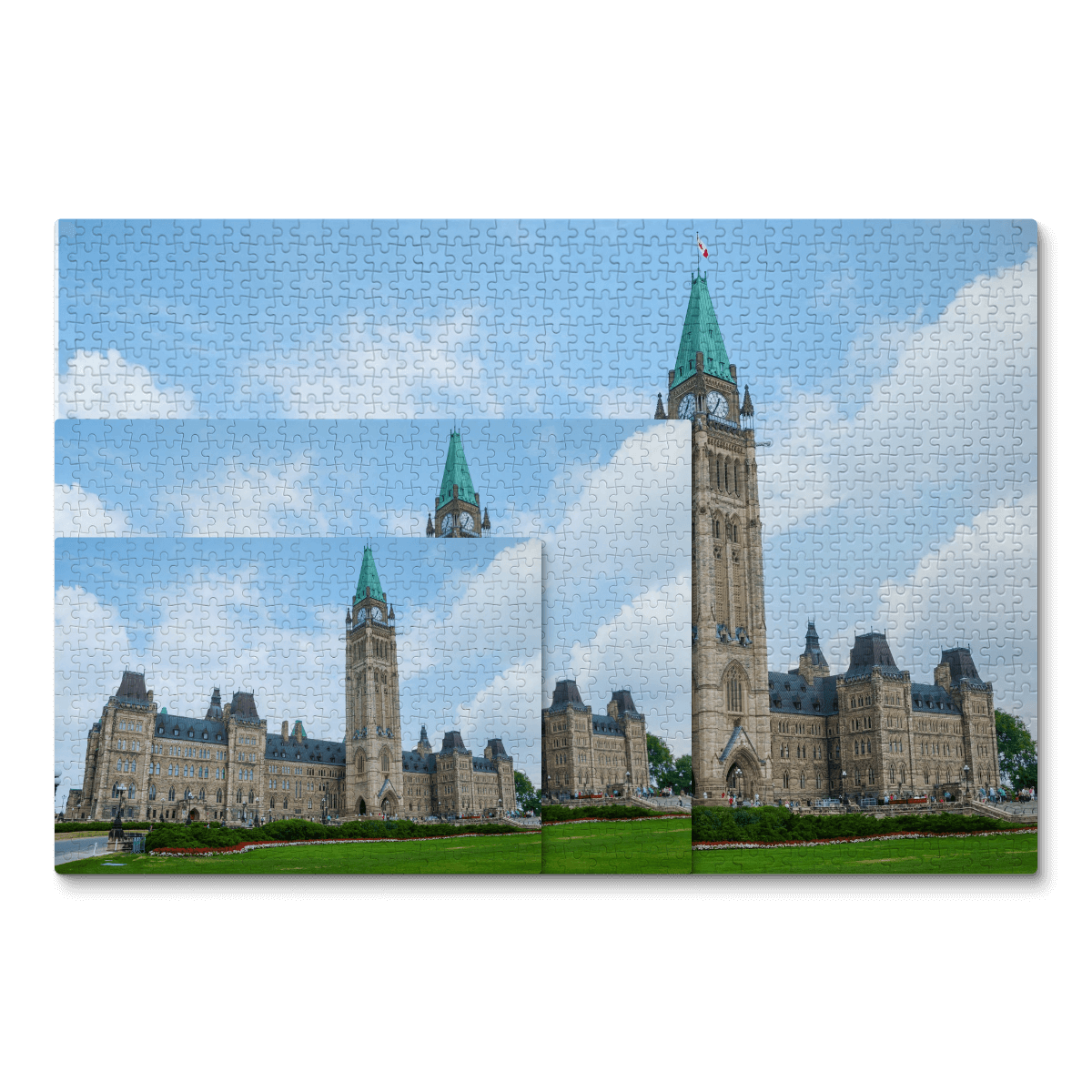 Overlapping jigsaw puzzles with Ottawa Parliament photo on each.