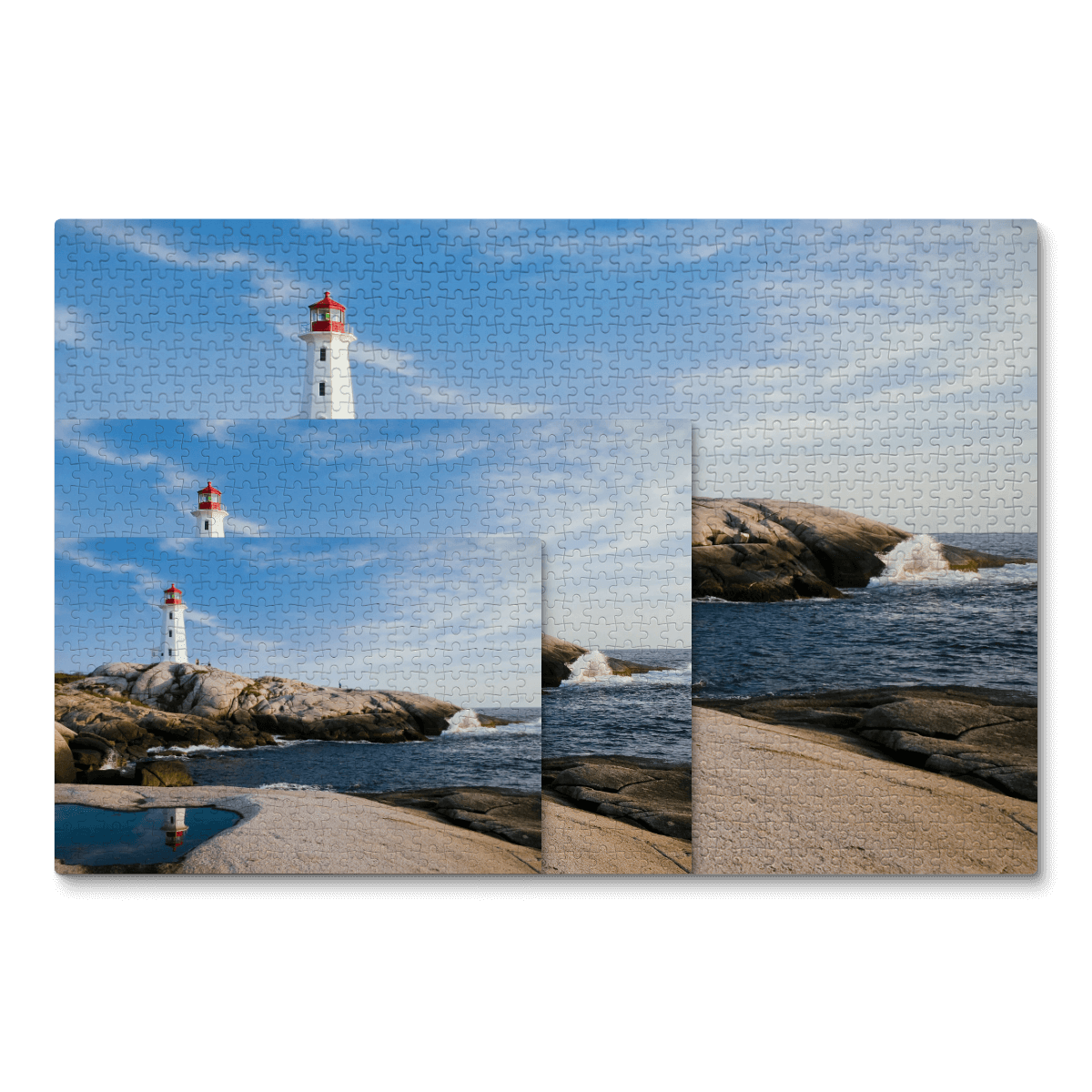 Three jigsaw puzzles with a photo of Peggy's Cove lighthouse, overlapping each other.