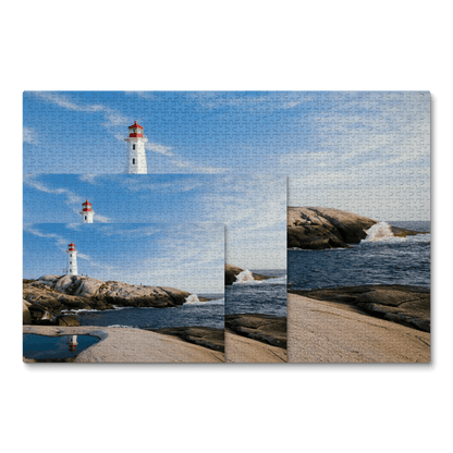 Three jigsaw puzzles with a photo of Peggy's Cove lighthouse, overlapping each other.