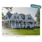 A custom jigsaw puzzle featuring a classic white and gray Victorian-style house on a green lawn, with a black border, 'Customizable' badge, and Horizon Properties branding.