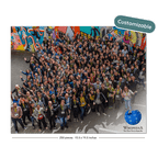 A large group of people gathered outdoors in front of a colorful graffiti wall, with a blue globe graphic in the lower right corner. A teal badge in the upper right says 'Customizable'.