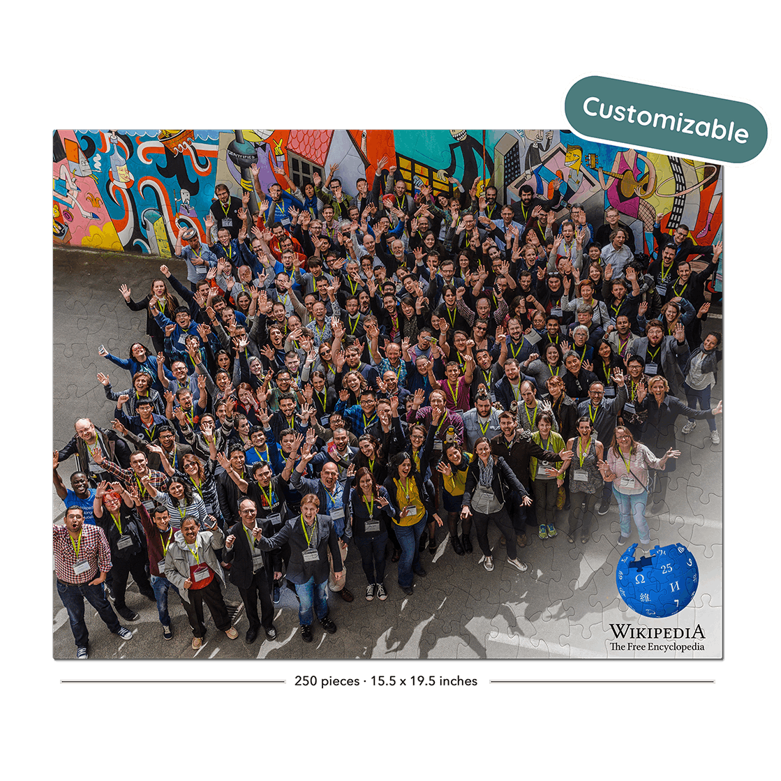 A large group of people gathered outdoors in front of a colorful graffiti wall, with a blue globe graphic in the lower right corner. A teal badge in the upper right says 'Customizable'.