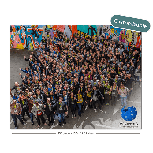 A large group of people gathered outdoors in front of a colorful graffiti wall, with a blue globe graphic in the lower right corner. A teal badge in the upper right says 'Customizable'.