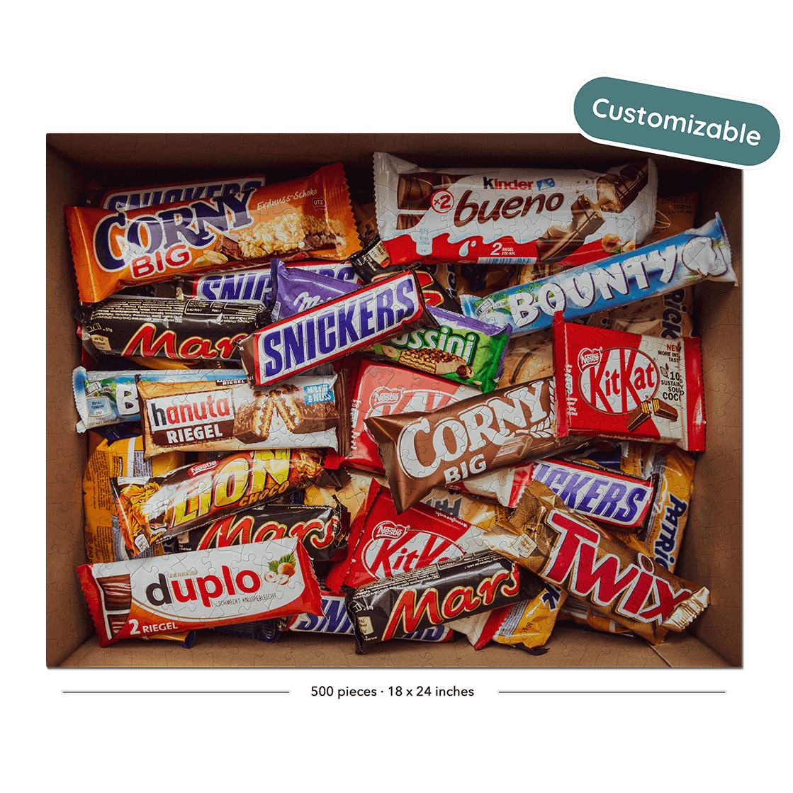 A cardboard box filled with assorted candy bars shown on a black background with a teal 'Customizable' badge in the top right.