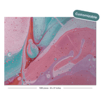 A square abstract art print or tile design with swirling pink, aqua blue, and lavender marbled patterns, shown on a black background with a teal 'Customizable' badge in the top right and small size text along the bottom.