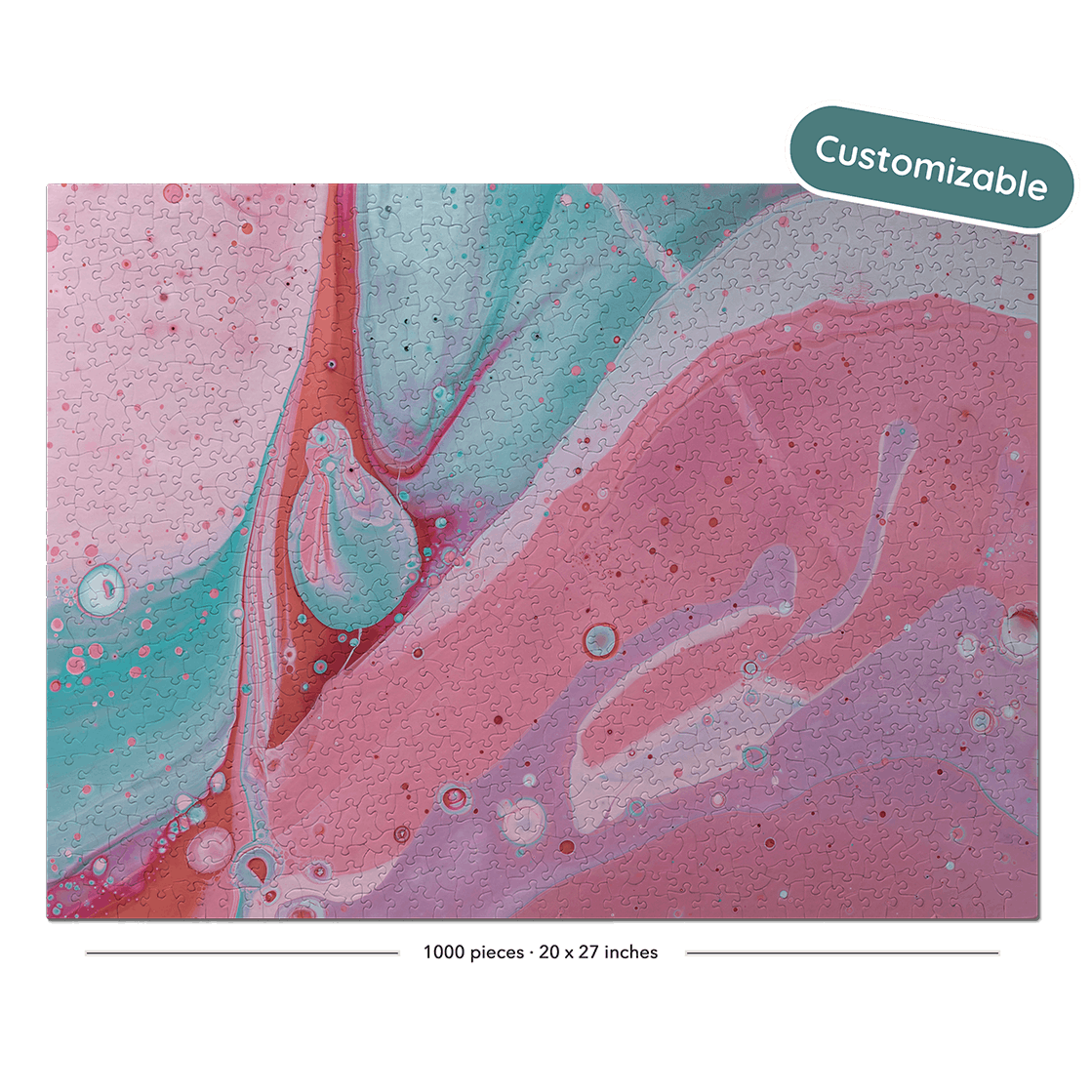 A square abstract art print or tile design with swirling pink, aqua blue, and lavender marbled patterns, shown on a black background with a teal 'Customizable' badge in the top right and small size text along the bottom.