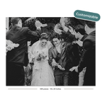 Black and white wedding photograph print featuring a bride and groom surrounded by guests throwing party confetti, with a teal 'Customizable' badge in the top right corner.