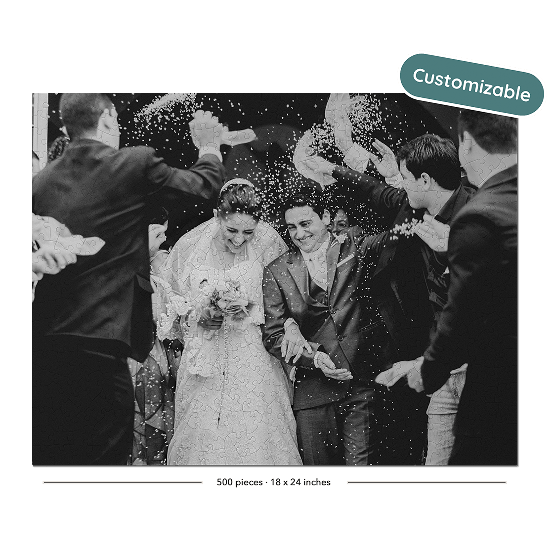Black and white wedding photograph print featuring a bride and groom surrounded by guests throwing party confetti, with a teal 'Customizable' badge in the top right corner.
