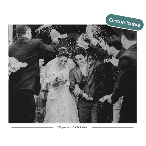 Black and white wedding photograph print featuring a bride and groom surrounded by guests throwing party confetti, with a teal 'Customizable' badge in the top right corner.