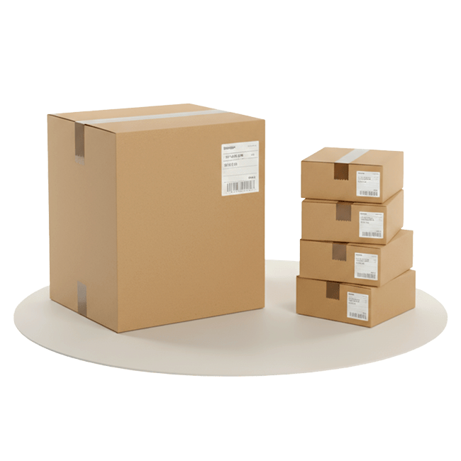 Stack of cardboard boxes with labels on a transparent background