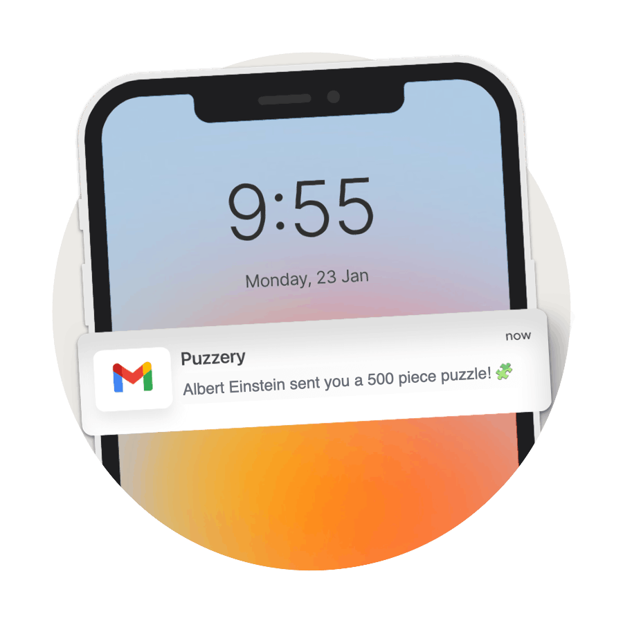 Phone with a notifcation that says Albert Einstein sent you a 500 piece puzzle