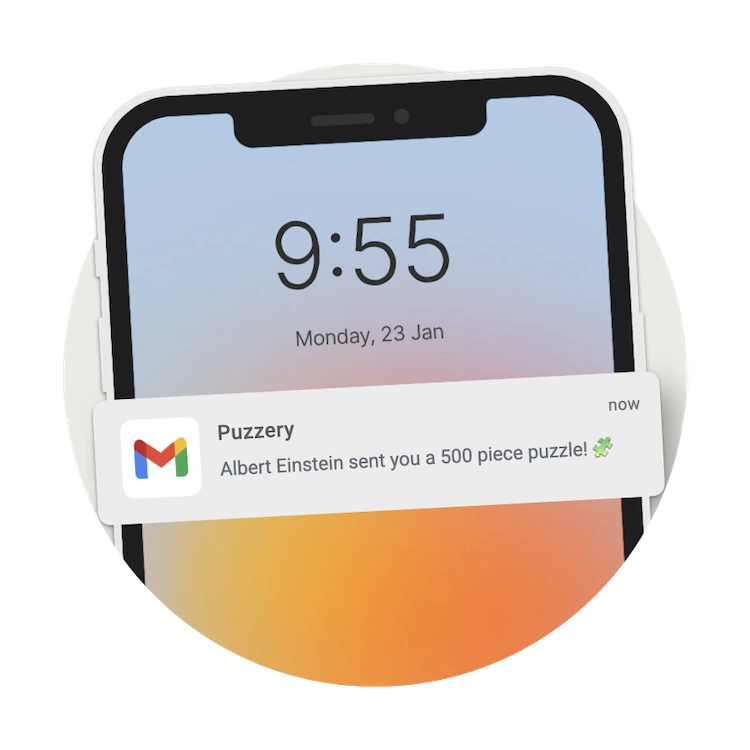 Phone with a notifcation that says Albert Einstein sent you a 500 piece puzzle