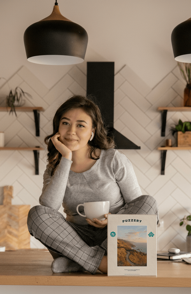 girl sitting on counter with coffee in hand next to a puzery puzzle
