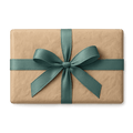A box wrapped in kraft paper with a teal colored bow on it