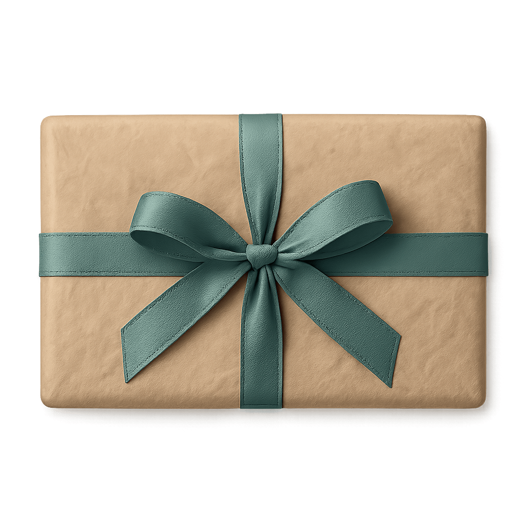 A box wrapped in kraft paper with a teal colored bow on it