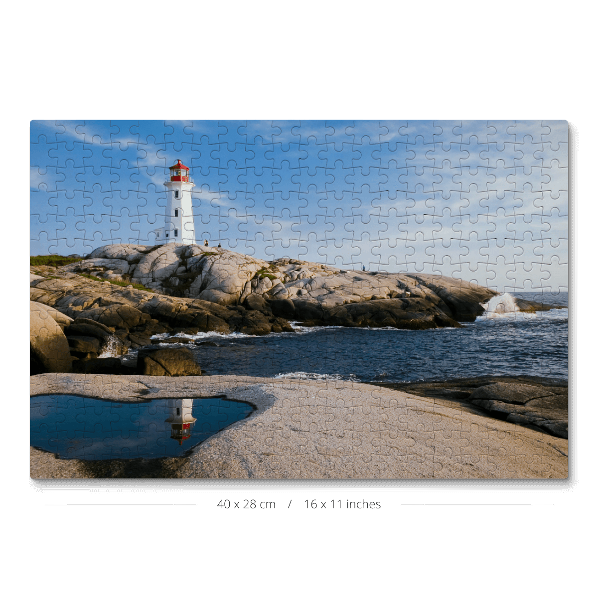 A 300-piece jigsaw puzzle featuring Peggy's Cove lighthouse, a picturesque coastal landmark.